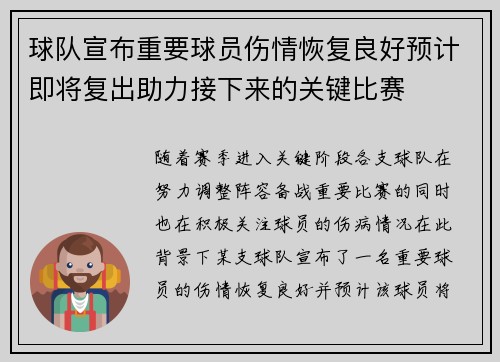 球队宣布重要球员伤情恢复良好预计即将复出助力接下来的关键比赛