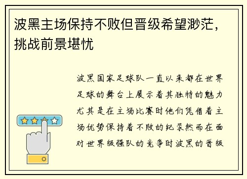 波黑主场保持不败但晋级希望渺茫,挑战前景堪忧 波黑主场保持不败但晋级希望渺茫,挑战前景堪忧