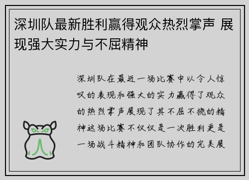 深圳队最新胜利赢得观众热烈掌声 展现强大实力与不屈精神 深圳队最新胜利赢得观众热烈掌声 展现强大实力与不屈精神
